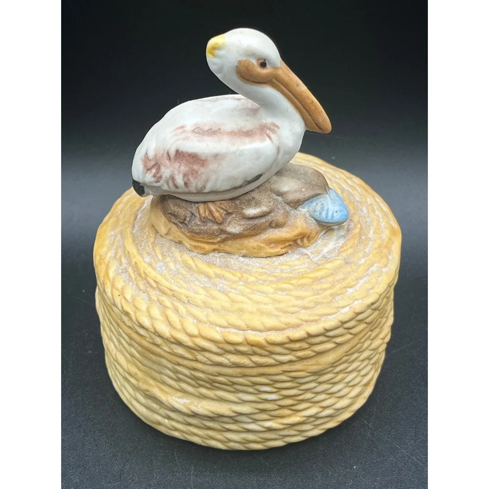Ceramic Pelican Rope Trinket Box Lid Coastal Nautical Bird Figurine 4.25